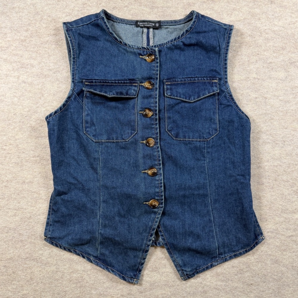 Cowgirl Americana Cropped Emerson Lang Denim Vest Blue Med Wash Cinch Back S